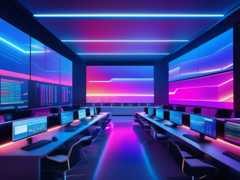 Futuro trading floor con tecnología AI Innovaciones Fintech e IA en Finanzas: Futuro trading floor con tecnología avanzada, traders en discusiones intensas y datos en tiempo real