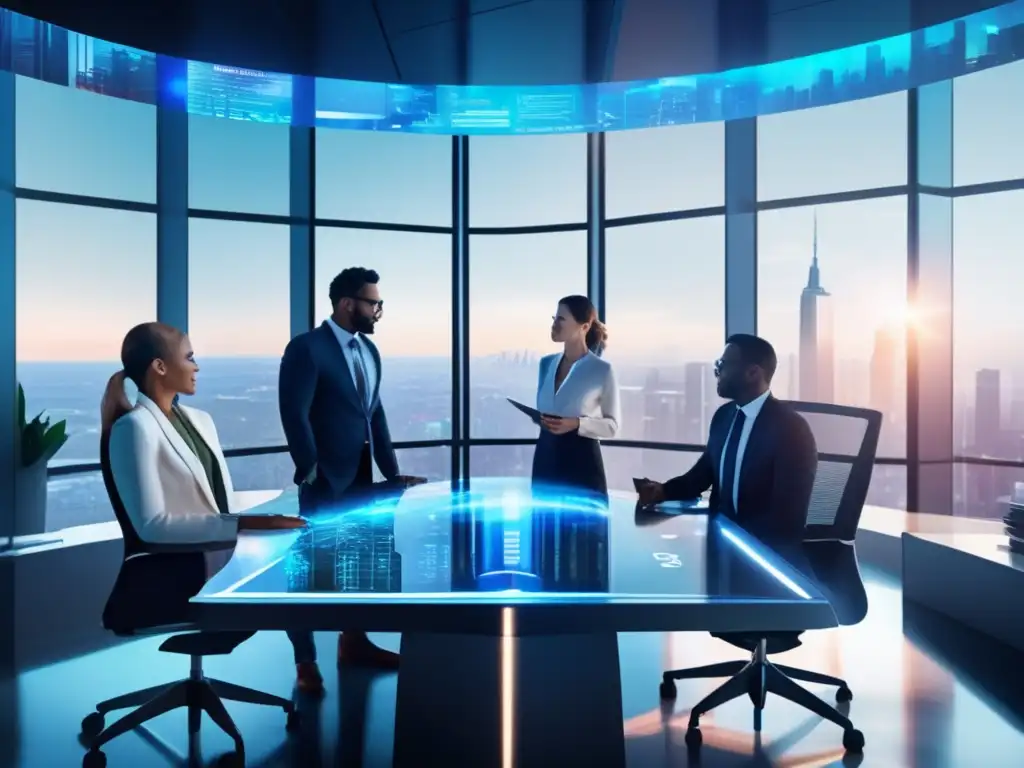 Oficina futurista con tecnología avanzada Innovaciones Fintech e IA en Finanzas: Oficina moderna con tecnología de vanguardia, profesionales discutiendo en una sala con vistas a la ciudad