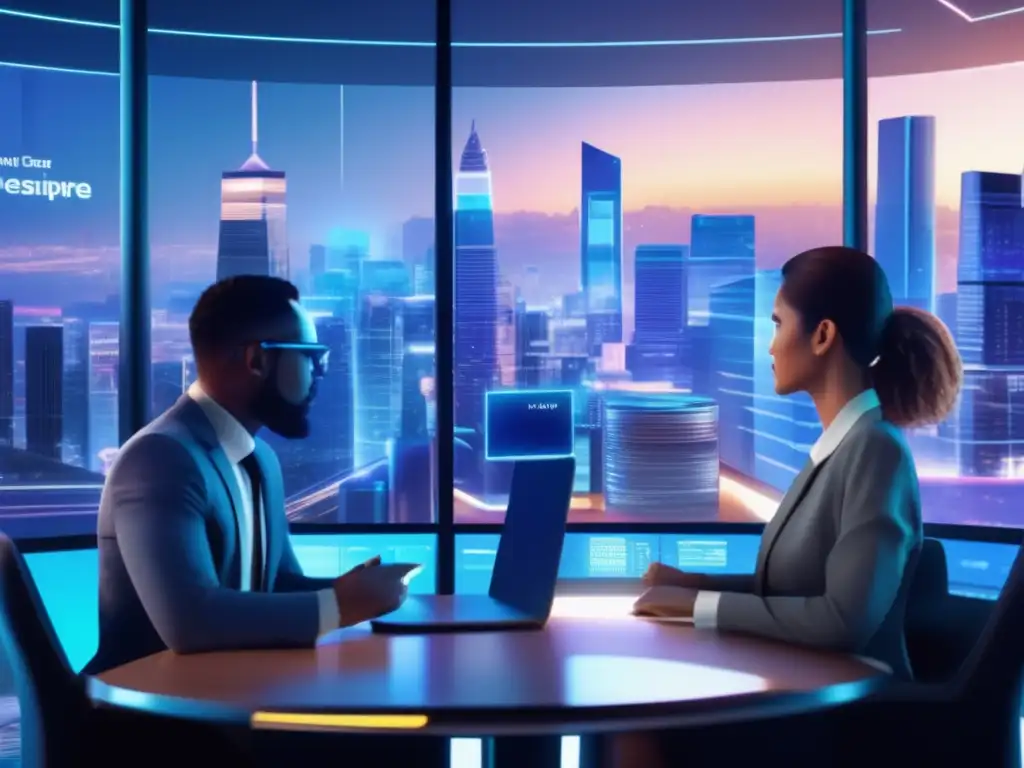 Futuro financiero: ciudad inteligente y tecnología Innovaciones en inversión pasiva diferenciadas en un paisaje financiero futurista con rascacielos, profesionales y tecnología