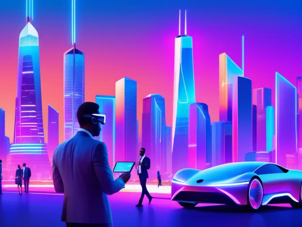 Futuro fintech: ciudad futurista y tecnología Innovaciones fintech en inversiones: Ciudad futurista con rascacielos, hologramas y tecnología avanzada