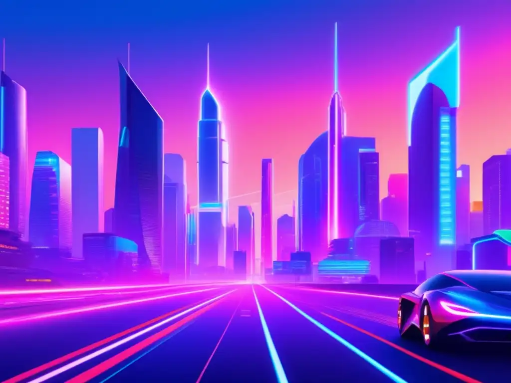 Futurista ciudad con rascacielos iluminados Innovaciones fintech en inversiones, ciudad futurista con rascacielos iluminados por luces neón, profesionales discutiendo y tecnología