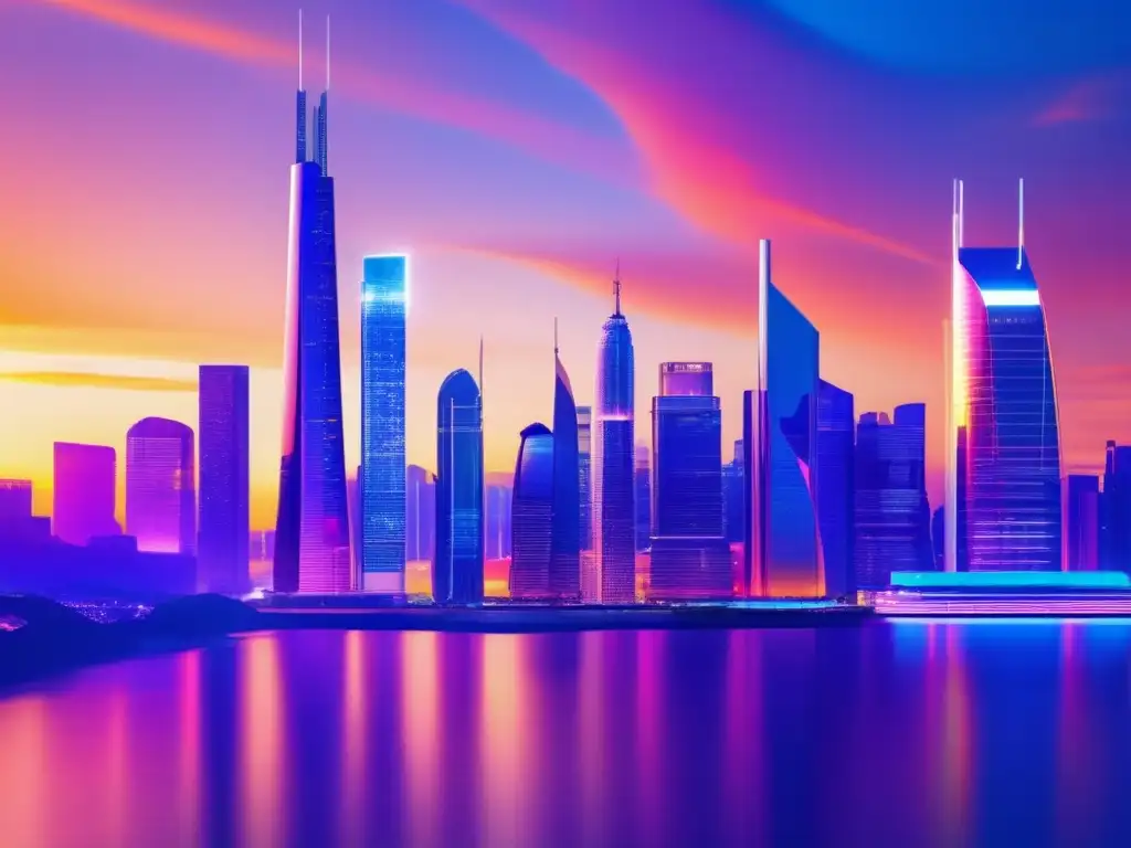 Skyline futurista de fintech Innovaciones fintech en inversiones: ciudad futurista y tecnológica con rascacielos modernos, luz LED y atardecer vibrante