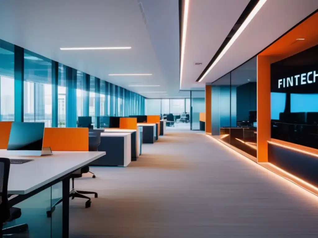 Oficina fintech vanguardista Innovaciones fintech en inversiones: Oficina moderna con diseño futurista, tecnología avanzada y ambiente innovador