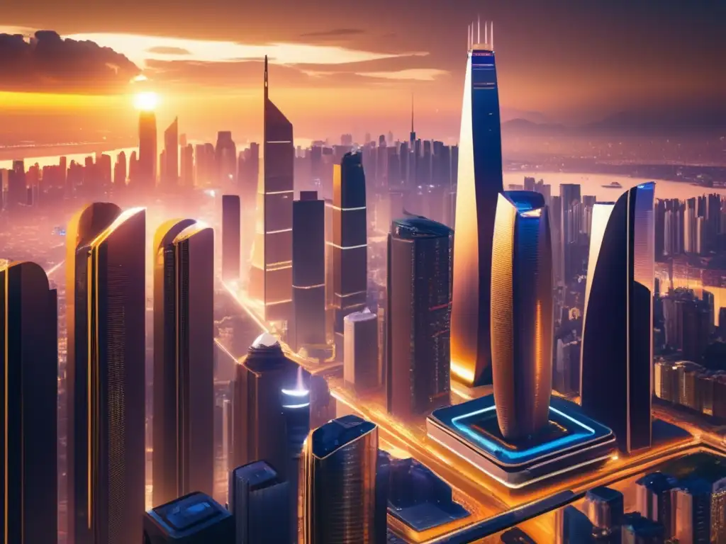 Ciudad emergente: tecnología, energía y salud Innovaciones en mercados emergentes: Ciudad vibrante con rascacielos futuristas, coche eléctrico, hospital moderno
