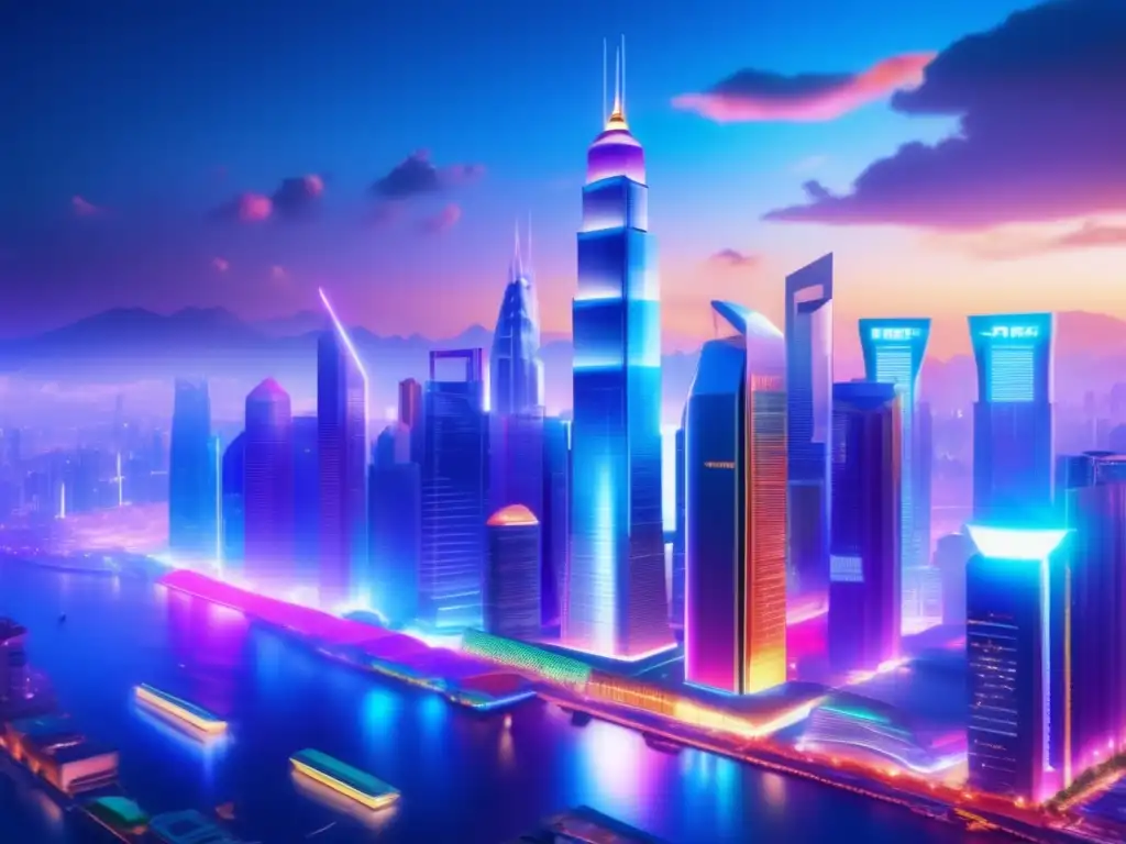 Ciudad emergente llena de energía Innovaciones en mercados emergentes: ciudad vibrante, rascacielos futuristas, luces coloridas, progreso y crecimiento