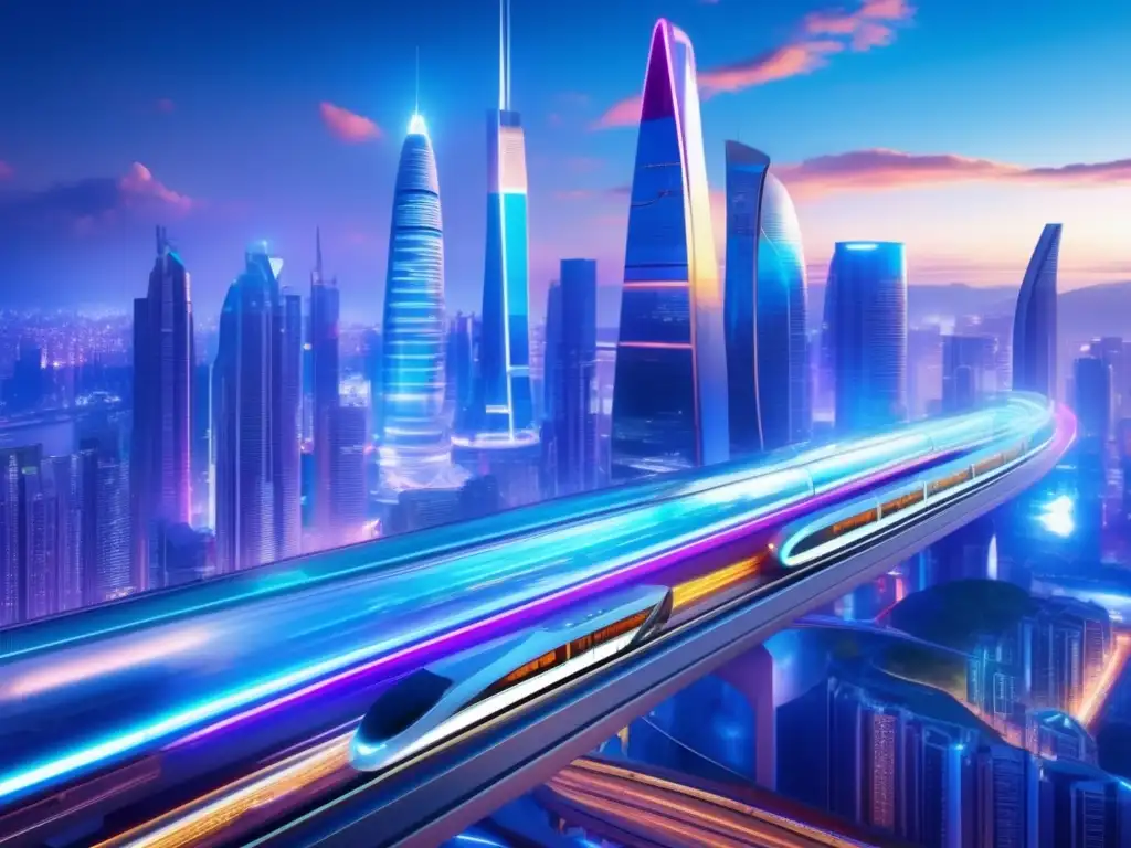 Futuro urbano: ciudad innovadora y emprendedora Innovaciones en mercados emergentes: Futurista ciudad en desarrollo con rascacielos, monorrieles y emprendedores diversificados