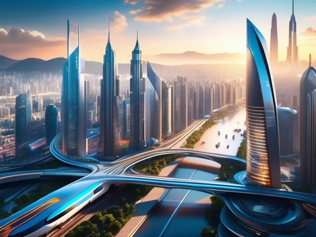 Futuro vibrante y conectado en mercado emergente Innovaciones en mercados emergentes: Metrópolis futurista con rascacielos, trenes de alta velocidad y vehículos eléctricos