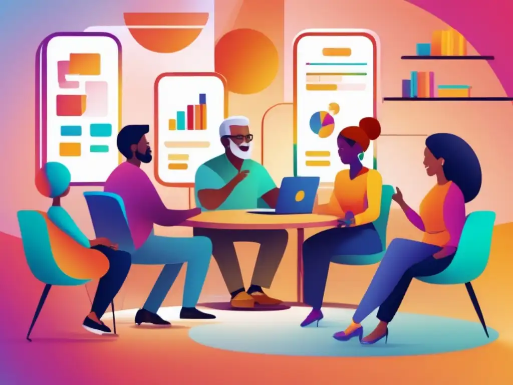 Comunidad diversa y colaborativa en la industria de seguros Innovaciones en seguros inclusivos: Grupo diverso colaborando en un espacio moderno, transmitiendo inclusión y colaboración