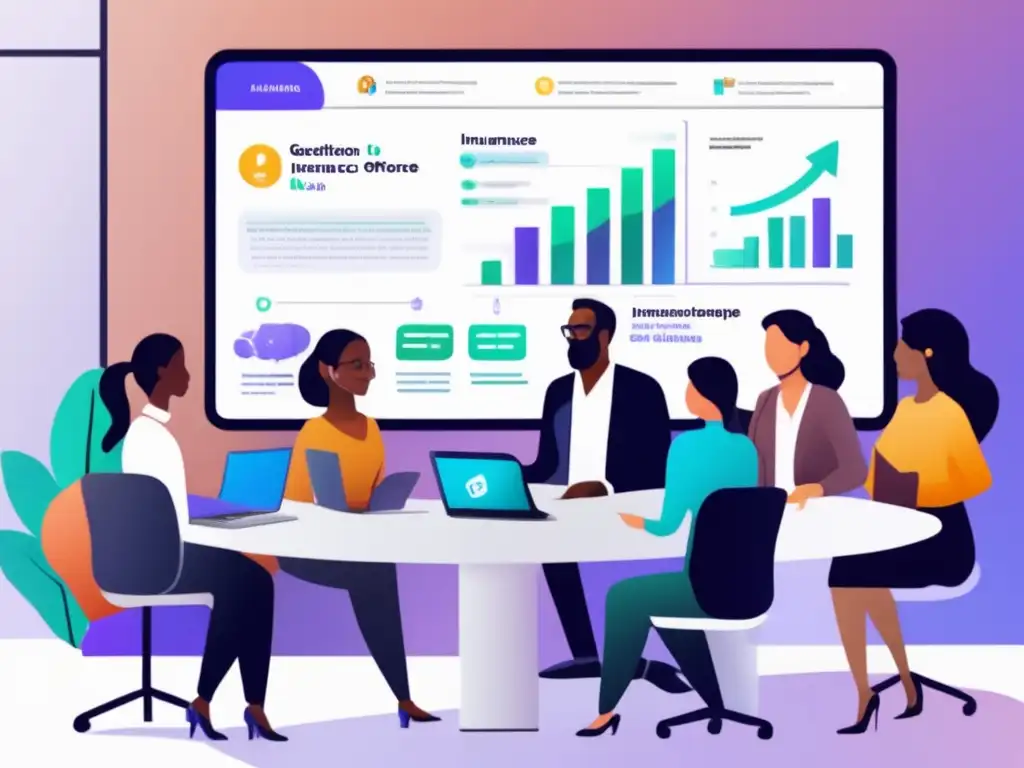 Diversidad en seguros digitales y colaboración Innovaciones en seguros inclusivos: grupo diverso de personas colaborando en una plataforma digital, con vista a la ciudad