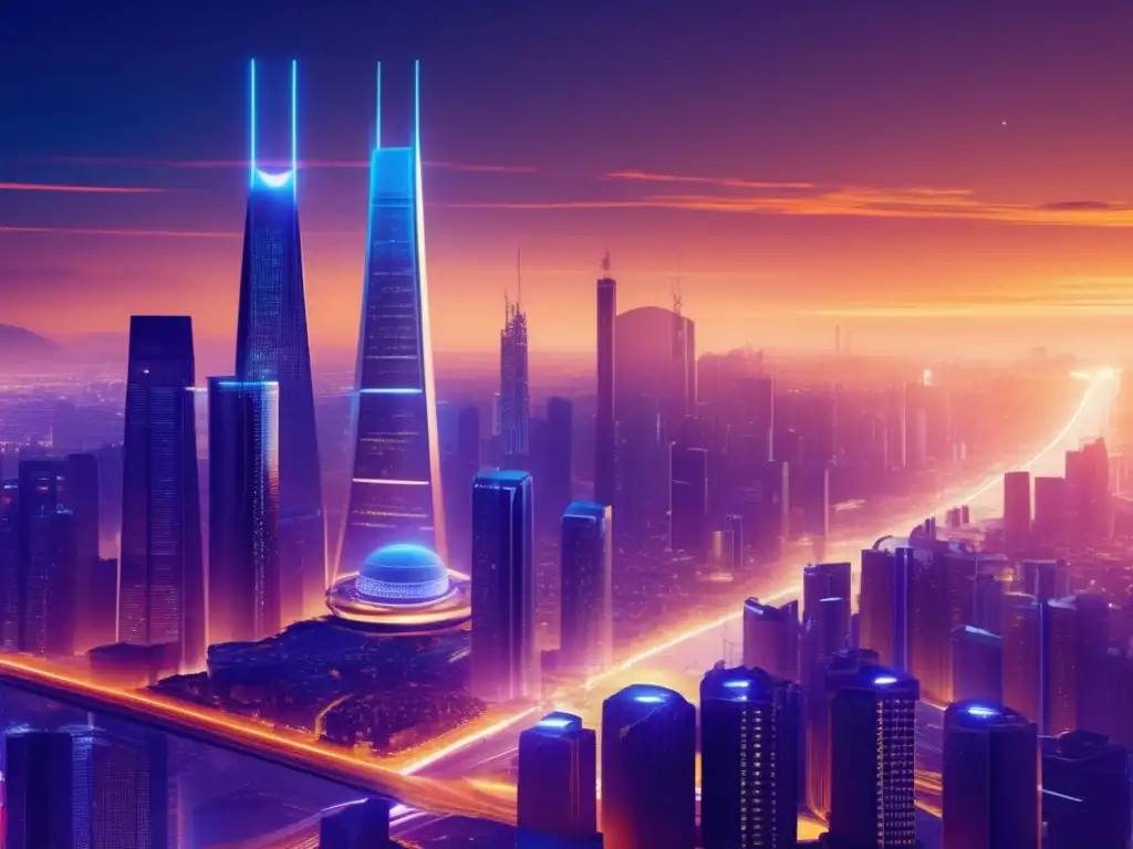 Futuro financiero con IA y blockchain Innovaciones tecnológicas en plataformas de inversión tradicionales: Futurista ciudad con tecnología financiera