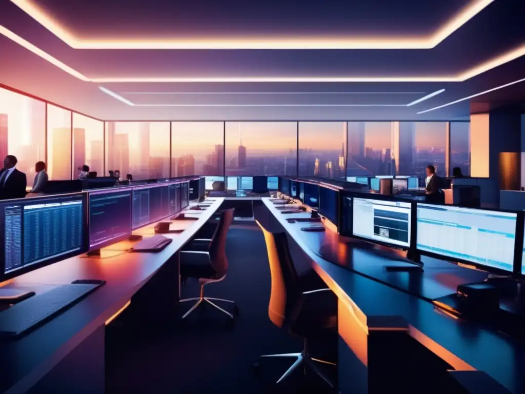 Innovación en piso de trading moderno Innovaciones tecnológicas en plataformas de inversión tradicionales: trading floor moderno, monitores elegantes, ambiente profesional y dinámico