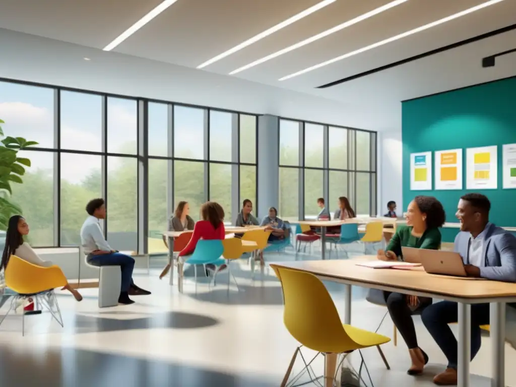 Moderno aula con diseño contemporáneo y tecnología avanzada Innovadora aula 8k con ventanas de piso a techo, diseño moderno y estudiantes diversos en una animada discusión