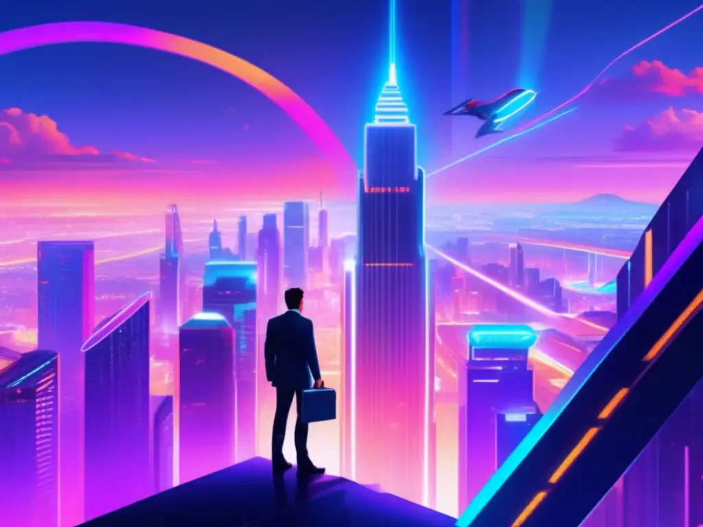 Persona audaz en ciudad futurista Superar inseguridad inversiones: Persona en rascacielos futurista, traje de negocios, mirando determinadamente hacia el horizonte