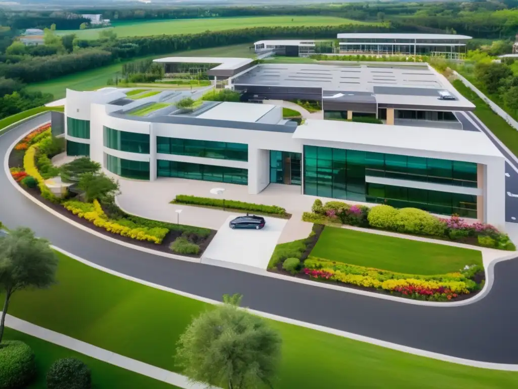 Vista aérea de moderna clínica en paisaje verde Instalaciones médicas modernas rodeadas de naturaleza exuberante