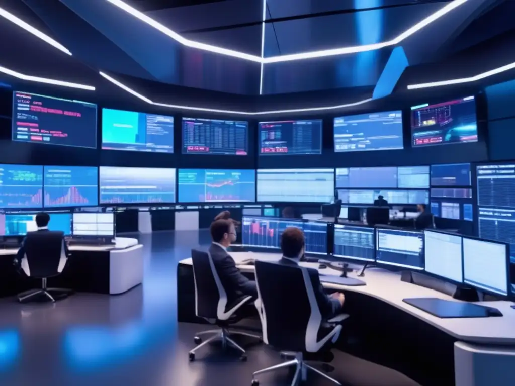 Traders y bots en piso de trading de alta tecnología Integración de bots en inversión financiera