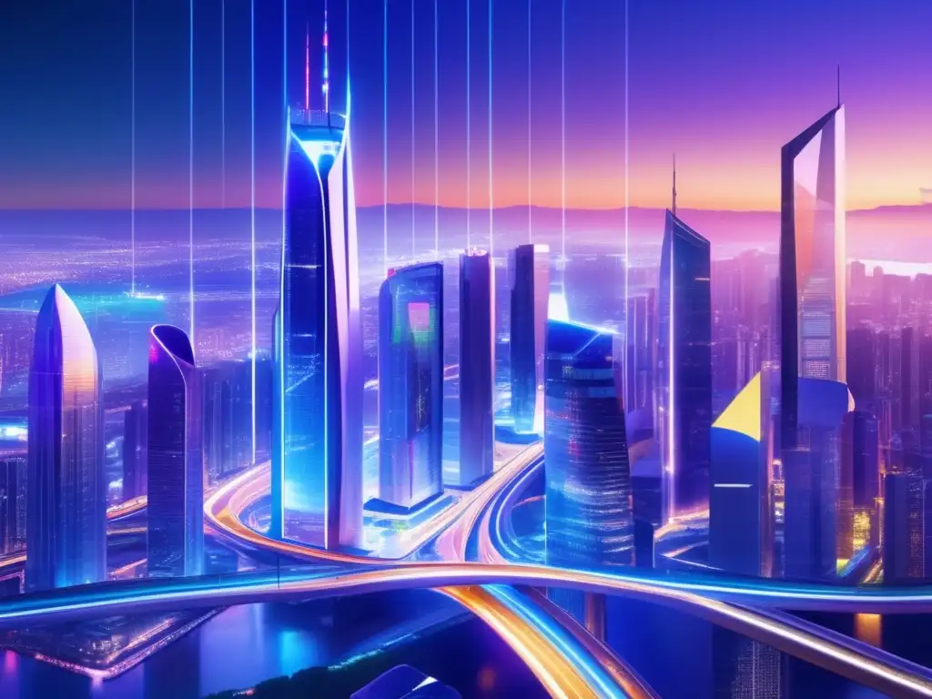 Futuro financiero: Integración tecnológica en la ciudad Integración financiera en plataformas tradicionales: Futurista ciudad con rascacielos de vidrio y acero, tecnología avanzada y profesionales colaborando