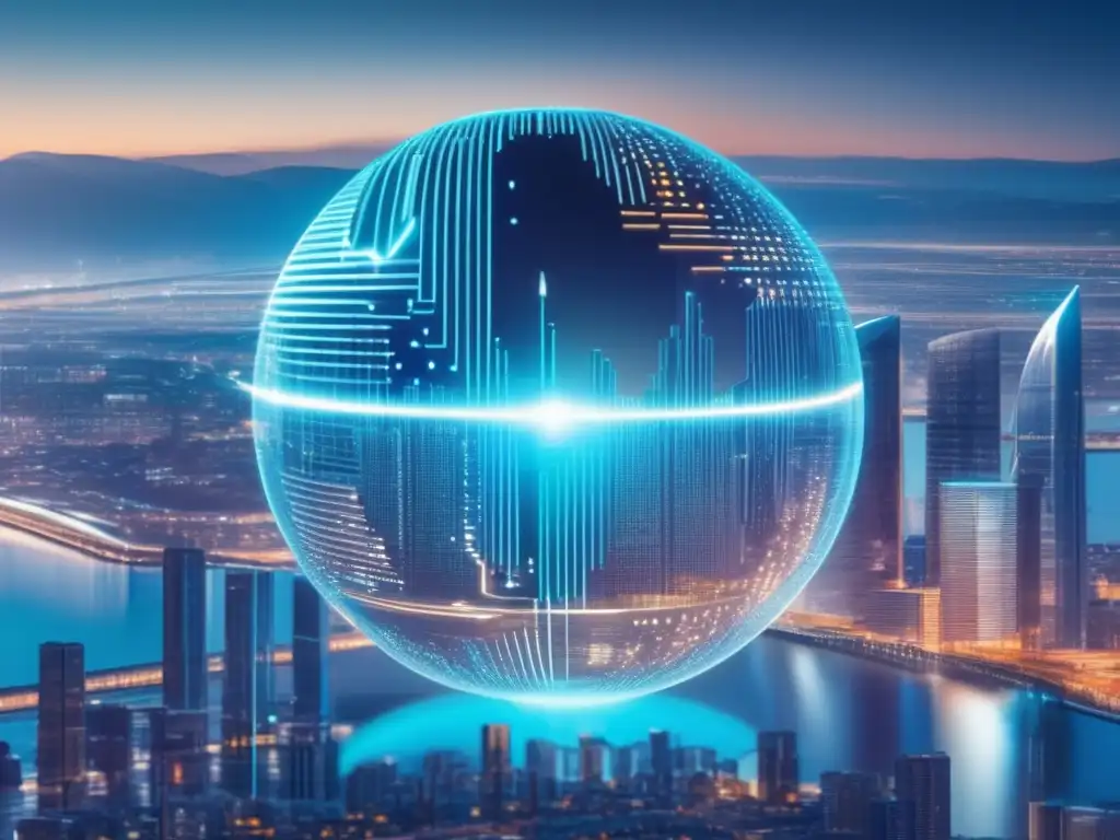 Inversión en criptomonedas con inteligencia artificial Inteligencia Artificial en inversiones criptomonedas: Futurista imagen de IA en el mercado de cripto, con código binario y símbolos brillantes