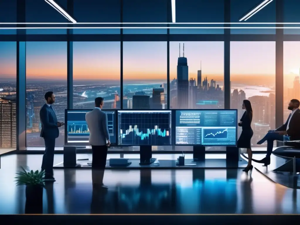 Oficina moderna con tecnología avanzada Diversificación inteligente criptomonedas bolsa, oficina moderna con vista a la ciudad y profesionales analizando tendencias