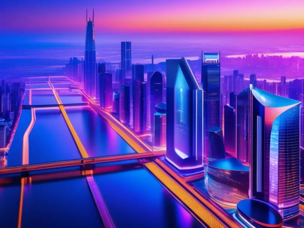 Ciudad futurista al atardecer, reflejando colores vibrantes Gestión inteligente de inversiones criptomonedas con arquitectura futurista y vibrantes colores al atardecer