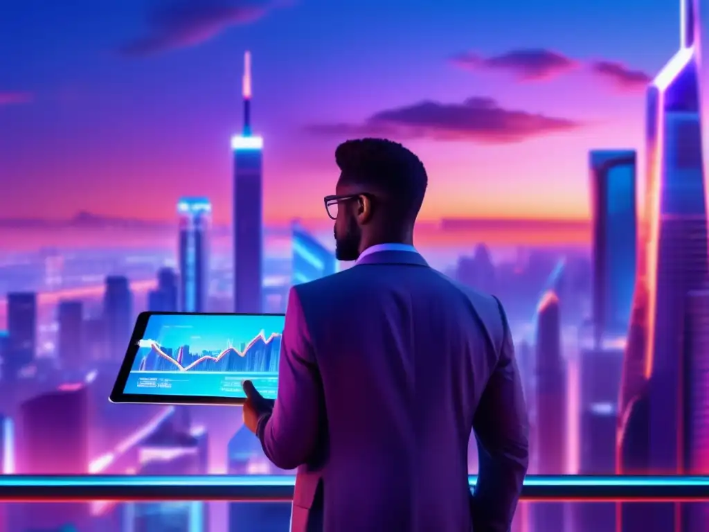 Gestión criptomonedas avanzada Gestión inteligente de inversiones criptomonedas en una ciudad futurista con rascacielos, luces de neón y una persona con una tablet