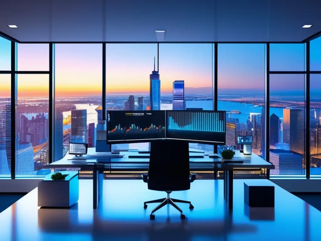 Oficina moderna con vista panorámica y criptomonedas Gestión inteligente de inversiones criptomonedas en moderna oficina con vista panorámica de ciudad
