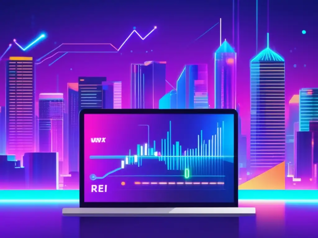 Futuro de las criptomonedas en Uniswap Intercambio criptomonedas Uniswap: imagen vibrante de la plataforma, ciudad futurista y gráficos de mercado