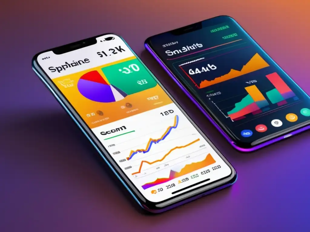 Smartphone con plataforma de trading social Interfaz atractiva y segura de una plataforma de trading social con gráficos en tiempo real, activos variados y protección legal