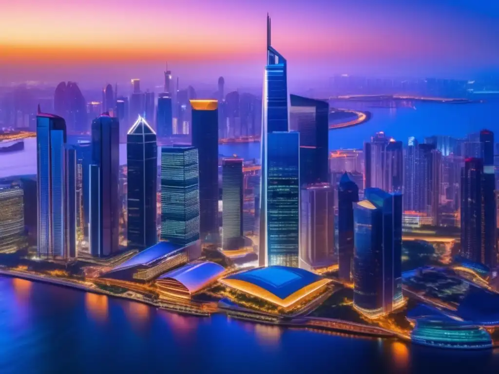Ciudad moderna al atardecer: rascacielos iluminados Diversificación Intergeneracional en inversiones en una ciudad moderna al atardecer con rascacielos iluminados