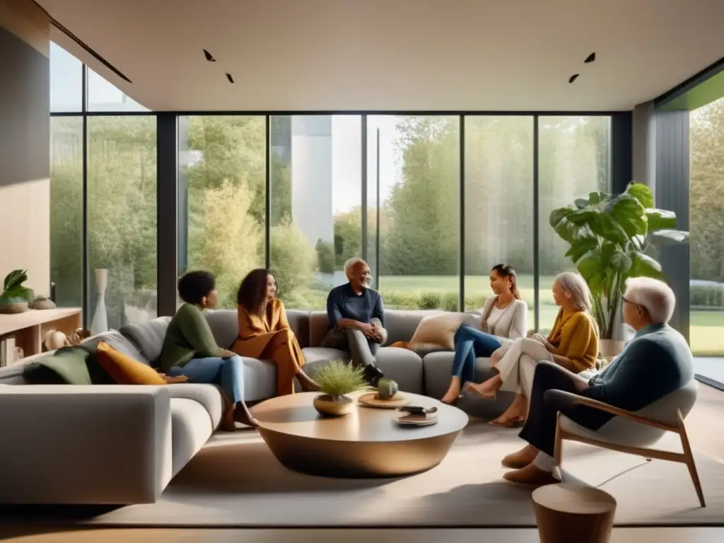 Sala de estar intergeneracional Diversificación Intergeneracional en inversiones: Grupo diverso en sala moderna y elegante, con luz natural y conversaciones animadas