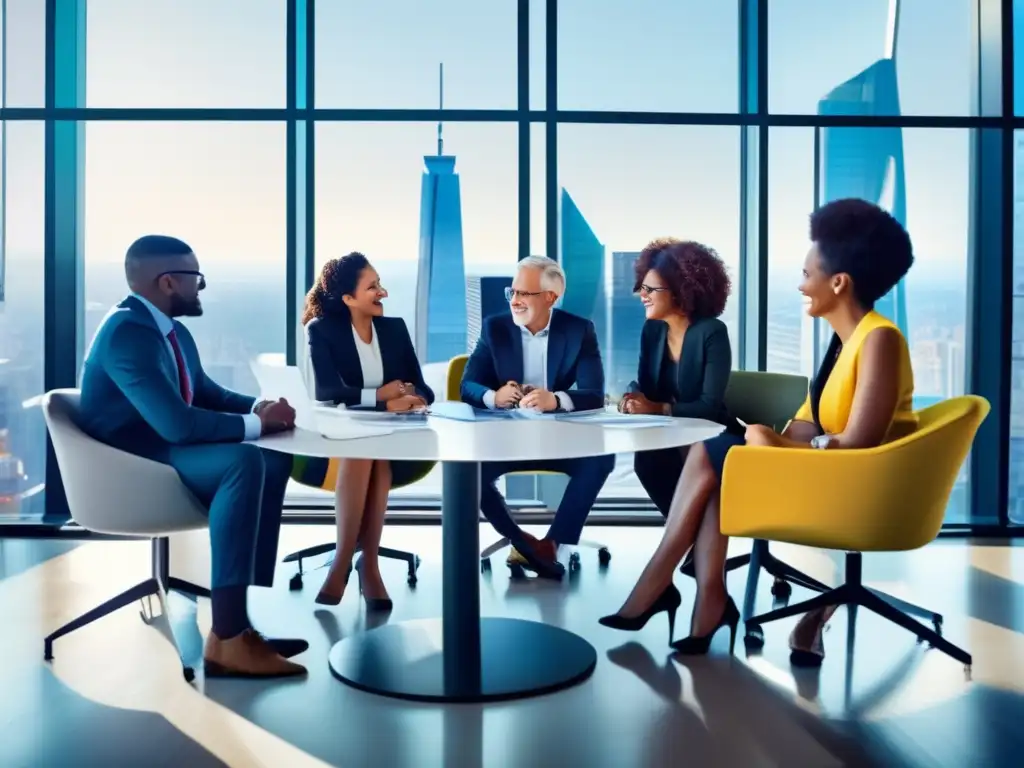 Discusión financiera en un espacio moderno Diversificación Intergeneracional en inversiones: Grupo diverso discute estrategias financieras en oficina moderna