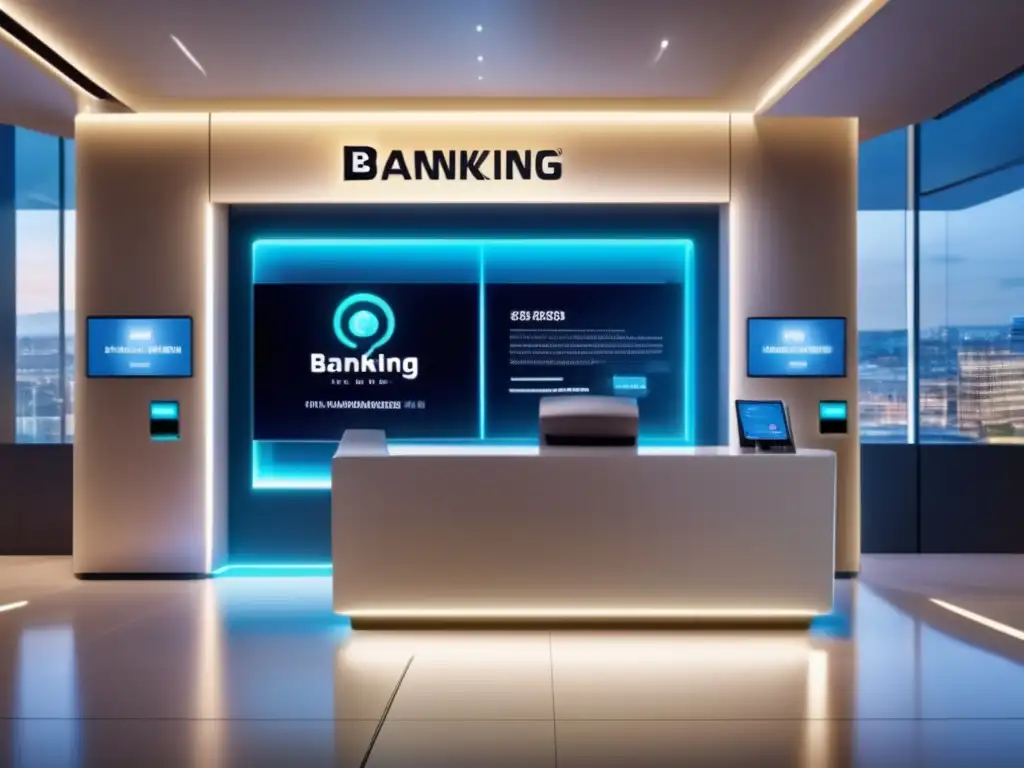 Banca inteligente AI Interior de banco moderno con IA, inversión y clientes beneficiándose de la inteligencia artificial en inversiones