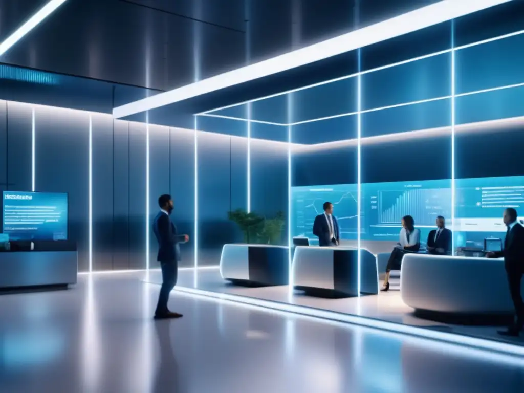 Interior bancario futurista con IA y tecnología de vanguardia Interior futurista de un banco con tecnología de inteligencia artificial combatiendo el lavado de dinero