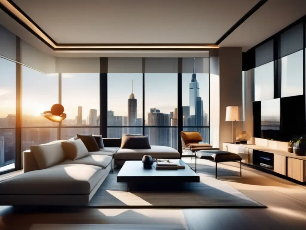 Apartamento moderno con vista a la ciudad Interior moderno de apartamento con vista a una ciudad vibrante