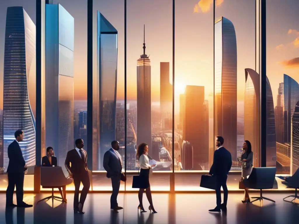Distrito financiero internacional en 8K Tratados internacionales: panorama financiero con rascacielos modernos, profesionales discutiendo, datos financieros y monedas globales