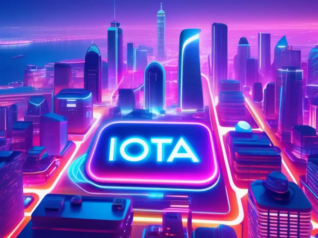 Futuro brillante de IOTA en IoT Inversión en IOTA para el Internet de las Cosas: Futurista ciudad inteligente con tecnología IOTA y dispositivos IoT