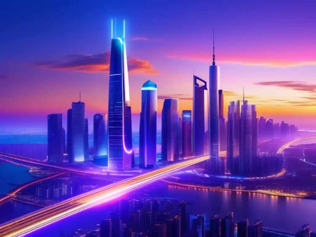 Futurista ciudad con IoT y IOTA Inversión en IOTA para el Internet de las Cosas: ciudad futurista con rascacielos iluminados y vehículos inteligentes