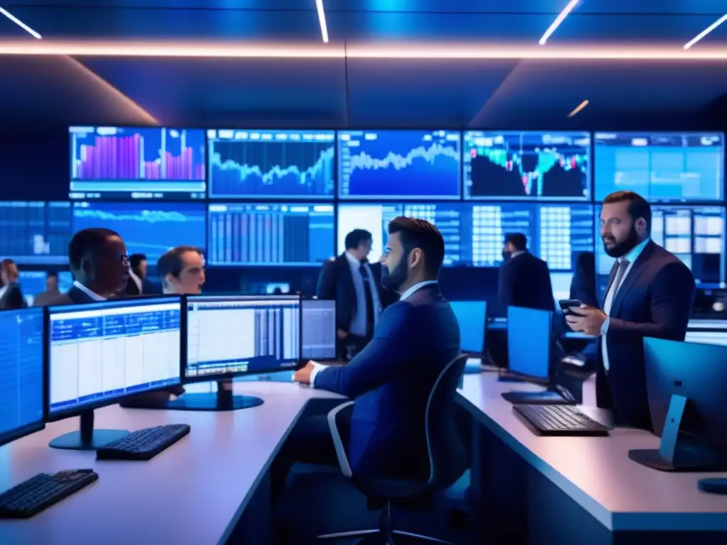 Traders en sala de trading moderna Inversión activa en bolsa: análisis y decisiones rápidas en una sala de trading moderna y sofisticada