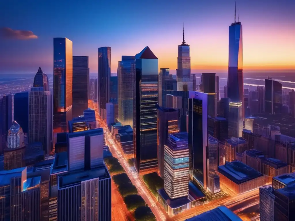 Oportunidades de inversión en la ciudad al atardecer Inversión activa en crisis: ciudad moderna al atardecer, rascacielos, luces vibrantes, profesionales analizando oportunidades