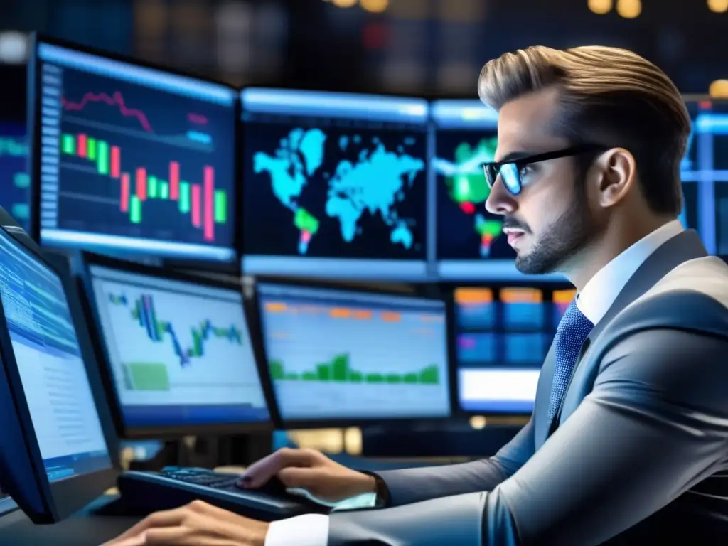 Trader analizando datos de mercado en una oficina moderna Inversión activa en bolsa: trader analizando datos en moderno escritorio de trading