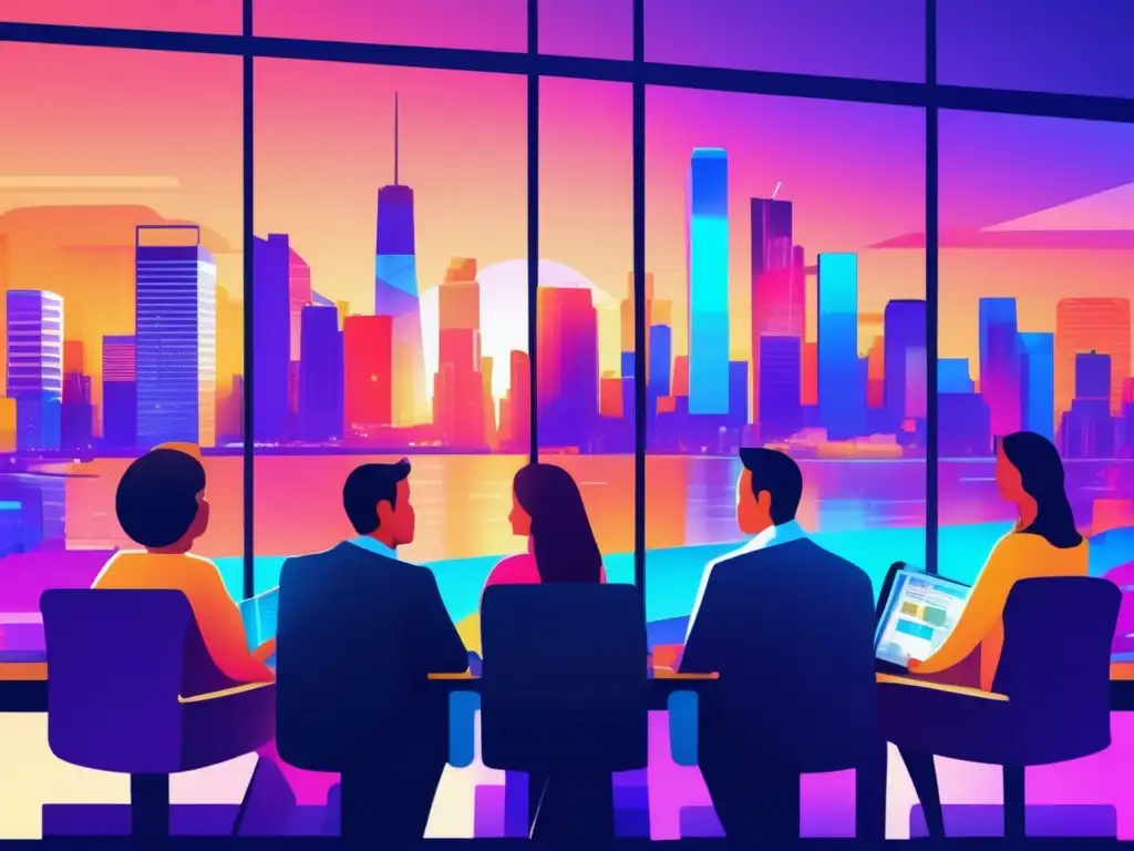 Ciudad vibrante al atardecer con inversores enfocados Inversión activa: rentabilidad máxima en vibrante imagen nocturna de la ciudad con inversores enfocados y gráficos