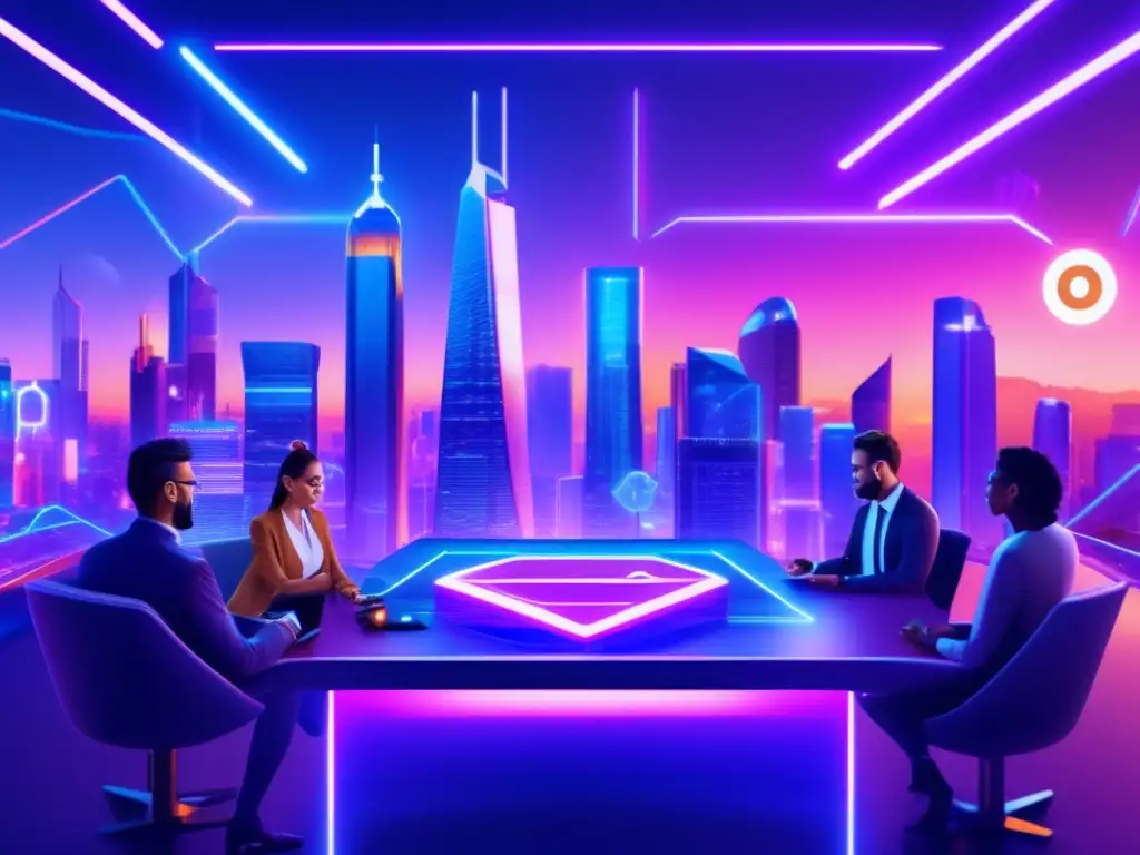 Futuro de las altcoins: Ciudad futurista y profesionales analizando Inversión en altcoins a largo plazo: ciudad futurista, criptomonedas, profesionales entusiastas