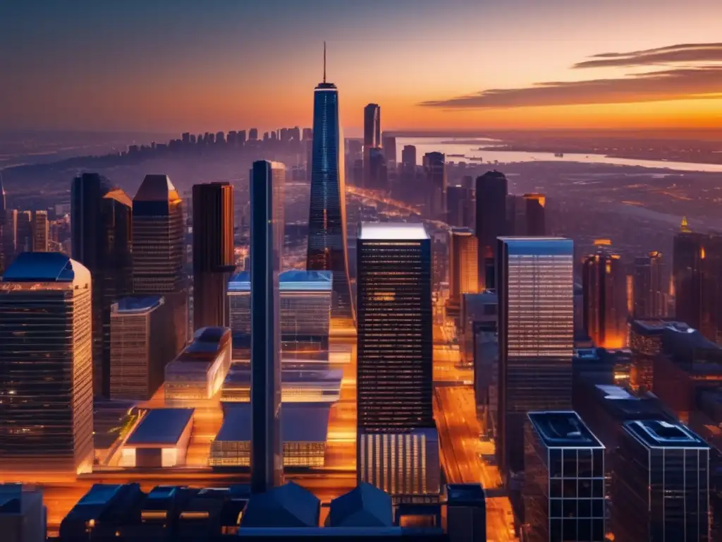 Moderna ciudad al atardecer Inversión en bienes raíces segura: Moderna ciudad al atardecer con rascacielos brillantes y calles iluminadas