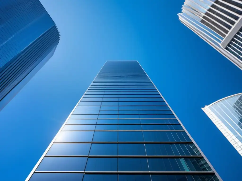 Rascacielos moderno y próspero reflejando seguridad y potencial Inversión en bienes raíces segura: moderno rascacielos en cielo azul, reflejando la ciudad próspera