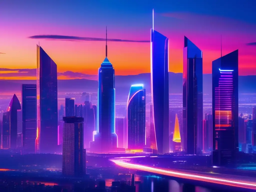 Ciudad futurista iluminada por luces de neón Inversión colectiva en ICO: una revolución en la ciudad del futuro