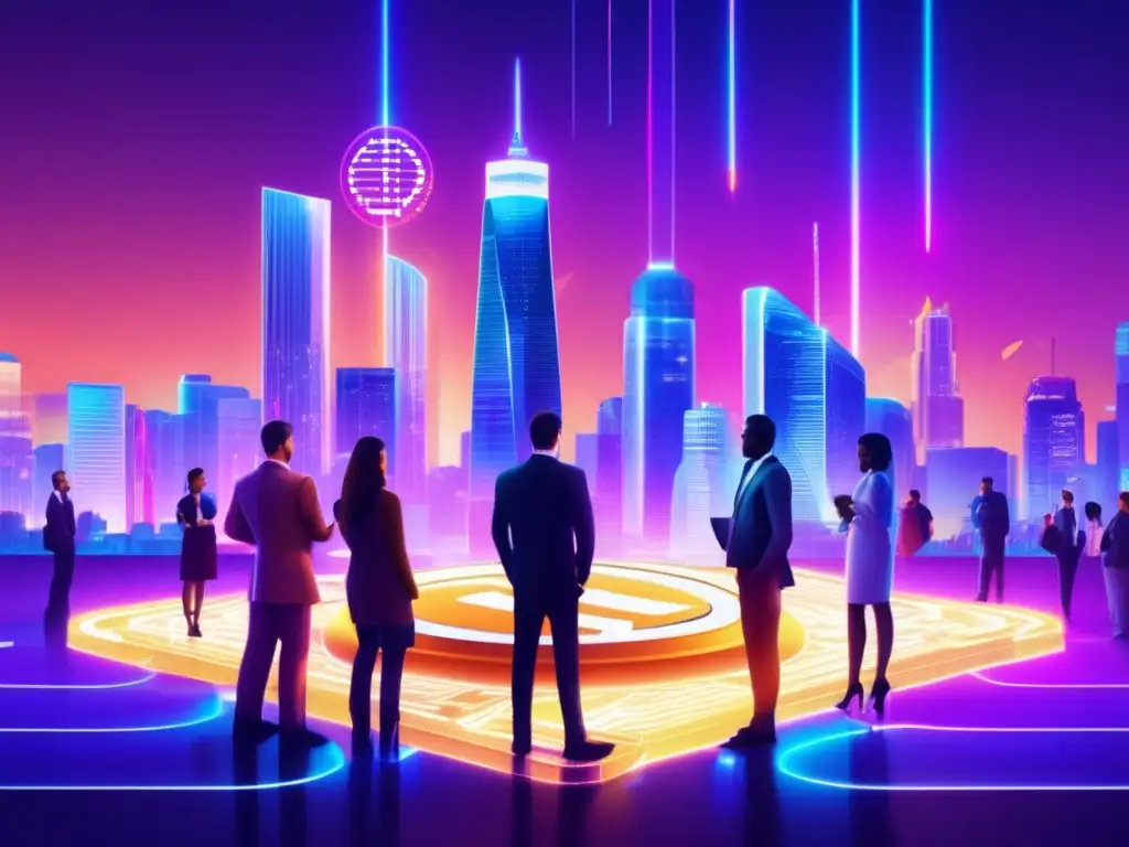 Futuro paisaje digital con rascacielos de criptomonedas Inversión colectiva en ICO: una revolución financiera con riesgos y oportunidades