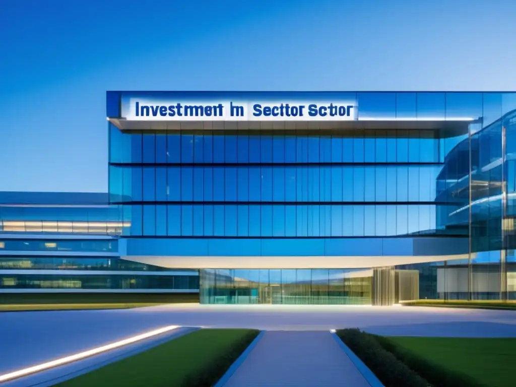 Hospital moderno: progreso e innovación en el sector salud Inversión colectiva sector salud: Hospital moderno, arquitectura elegante y entrada iluminada con oportunidades de inversión