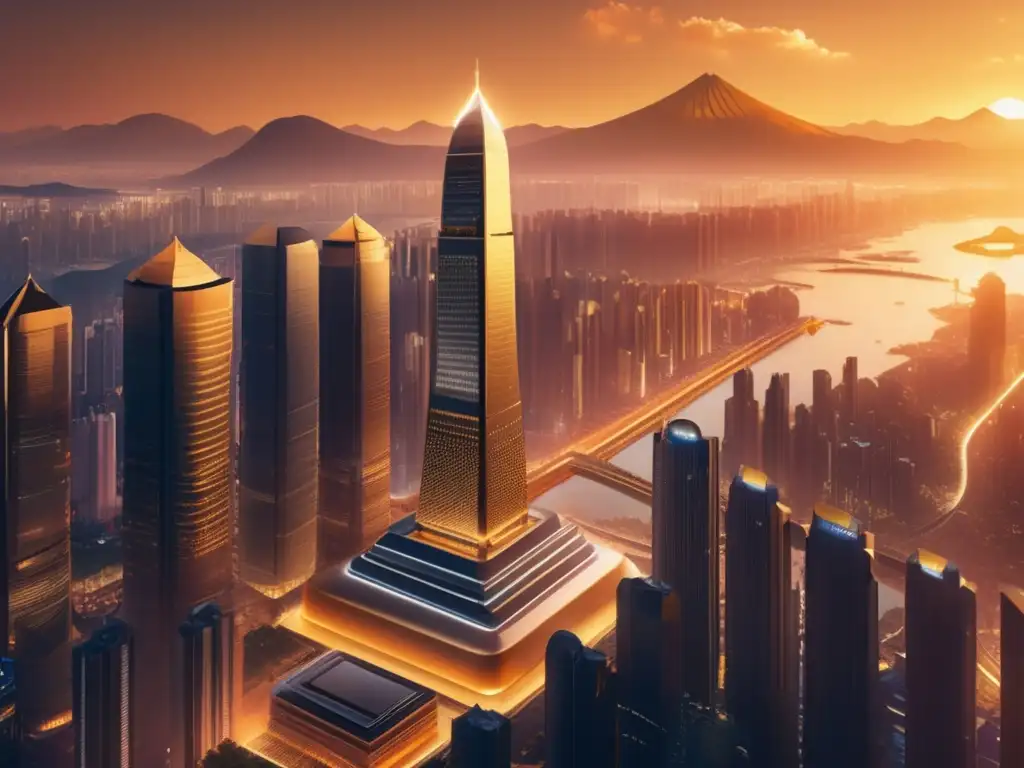 Metrópolis asiática: fusión tradición y tecnología Inversión en criptomonedas en Asia: metrópolis asiática futurista con rascacielos, naturaleza y profesionales