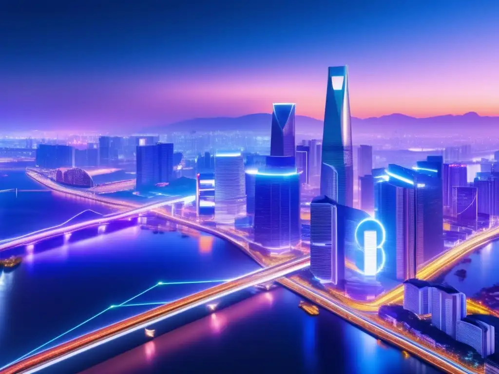 Ciudad asiática nocturna: criptomonedas y rascacielos Inversión en criptomonedas en Asia: Ciudad asiática nocturna con arquitectura tradicional y paisaje digital vibrante