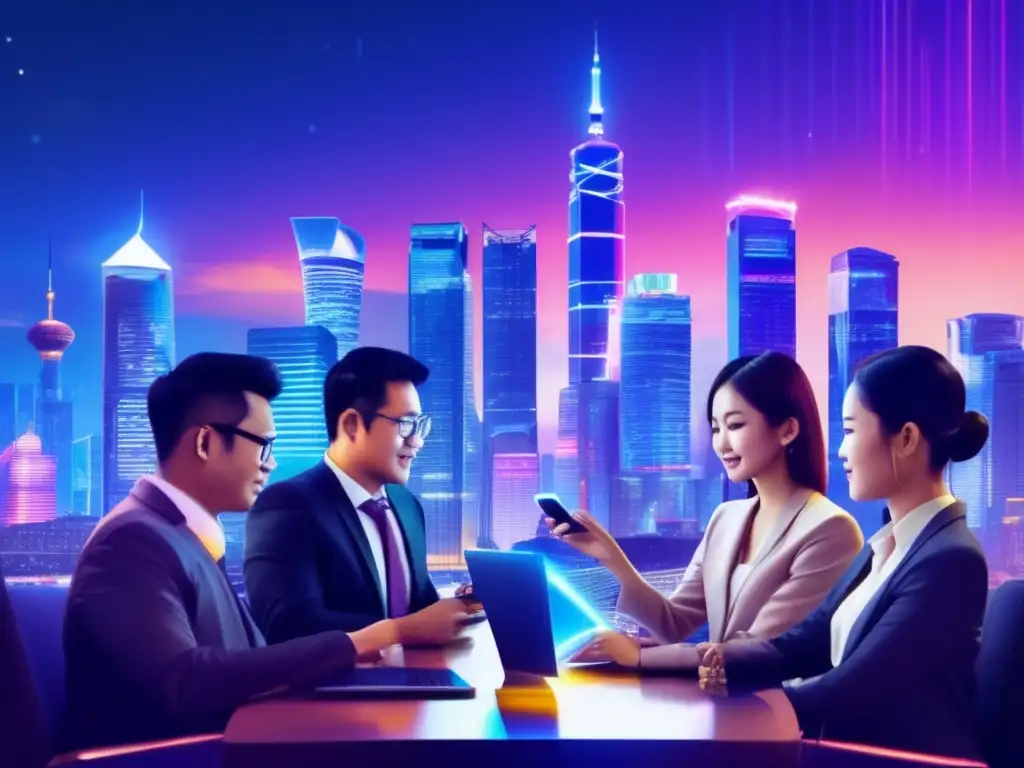 Ciudad asiática moderna con criptomonedas Inversión en criptomonedas en Asia: ciudad asiática con rascacielos, luces de neón, inversores analizando datos en dispositivos portátiles