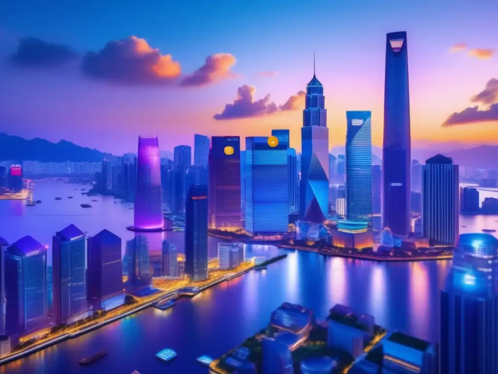 Distrito financiero asiático con criptomonedas Inversión en criptomonedas en Asia: Distrito financiero asiático vibrante, con rascacielos, profesionales y gráficos digitales